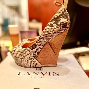 LANVIN Ete Paris Canvas Python Cork Wedge Sandals